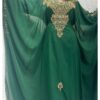 Green georgette Moroccan kaftan with gold embroidery (1)