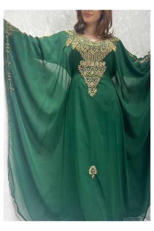 Green georgette Moroccan kaftan with gold embroidery (1)