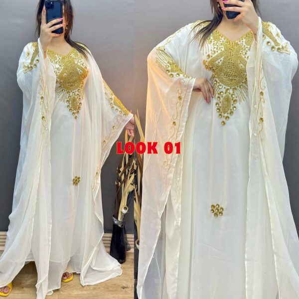 White Moroccan kaftan with gold embroidery chiffon dress (1)