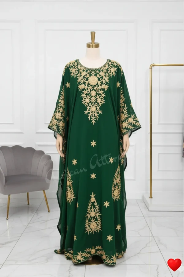 emerald green Dubai kaftan with gold Aari embroidery, Arabic chiffon gown, handmade green embroidered kaftan for women (1)