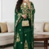 emerald green Dubai kaftan with gold Aari embroidery, Arabic chiffon gown, handmade green embroidered kaftan for women (2)