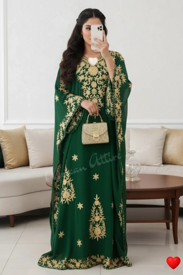 emerald green Dubai kaftan with gold Aari embroidery, Arabic chiffon gown, handmade green embroidered kaftan for women (2)
