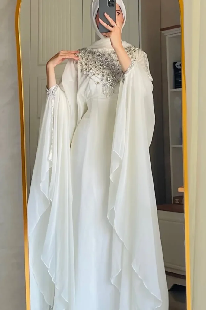 Buy White Silver Embellished Kaftan Luxury Bridal & Eid Farasha Abaya Dubai Kaftan with Cape Sleeves Buy White Silver Embellished Kaftan Luxury Bridal & Eid Farasha Abaya Dubai Kaftan with Cape Sleeves