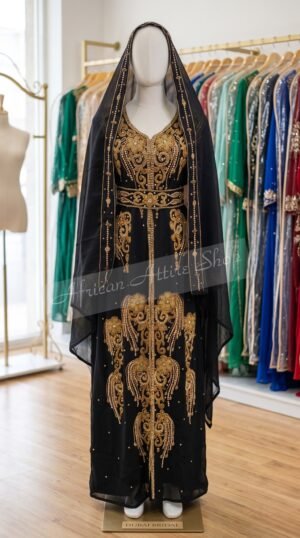 Black Dubai Kaftan Maxi Dress with Gold Hand Embroidery Moroccan Wedding Gown Luxury Arabic Abaya Style Dress African Attire Shop (1)
