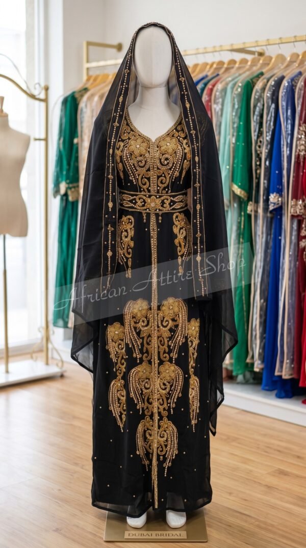Black Dubai Kaftan Maxi Dress with Gold Hand Embroidery Moroccan Wedding Gown Luxury Arabic Abaya Style Dress African Attire Shop (1)