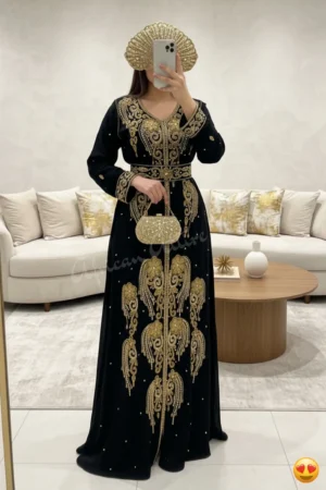 Black Dubai Kaftan Maxi Dress with Gold Hand Embroidery Moroccan Wedding Gown Luxury Arabic Abaya Style Dress African Attire Shop