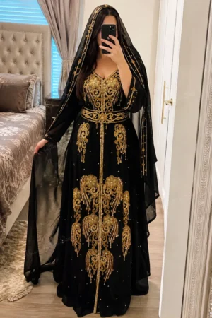 Black Dubai Kaftan Maxi Dress with Gold Hand Embroidery Moroccan Wedding Gown Luxury Arabic Abaya Style Dress African Attire Shop (4)