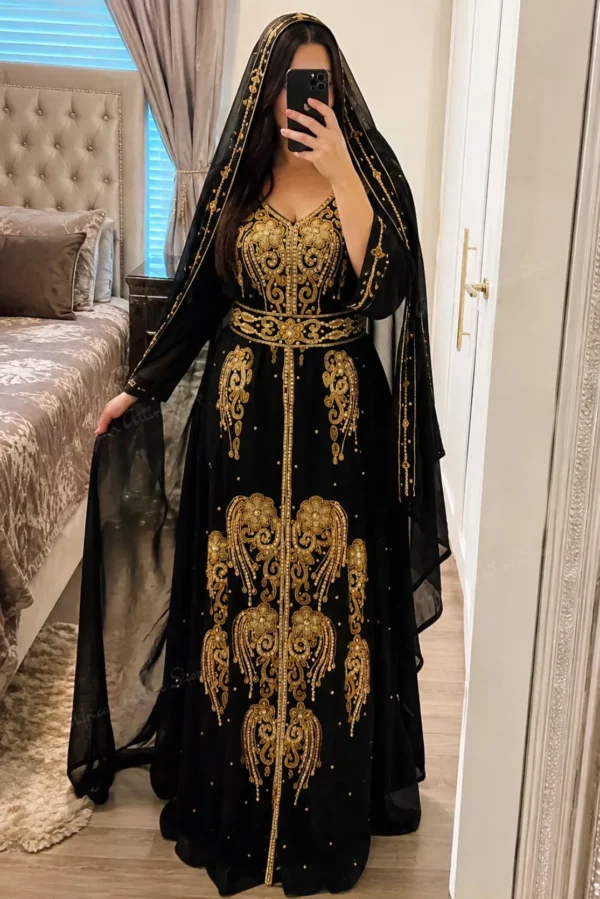 Black Dubai Kaftan Maxi Dress with Gold Hand Embroidery Moroccan Wedding Gown Luxury Arabic Abaya Style Dress African Attire Shop (4)