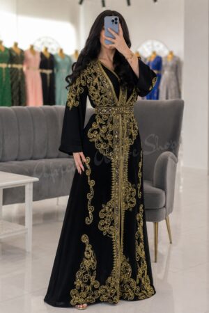 Black Moroccan Kaftan Dress with Gold Embroidery Luxury Handmade Designer Caftan for Wedding Henna Party Nikkah Eid Reception Evening Wear and Bridal Occasion (1)