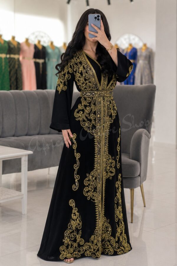Black Moroccan Kaftan Dress with Gold Embroidery Luxury Handmade Designer Caftan for Wedding Henna Party Nikkah Eid Reception Evening Wear and Bridal Occasion (1)