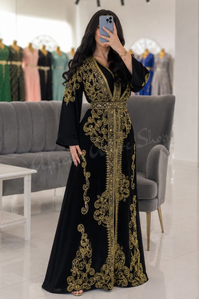 Buy Black Moroccan Kaftan Dress with Gold Embroidery – Luxury Handmade Wedding, Henna Party & Evening Caftan