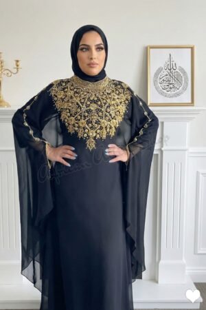 Black abaya with gold hand embroidery luxury Islamic evening dress and Dubai kaftan for Eid and formal events (3)