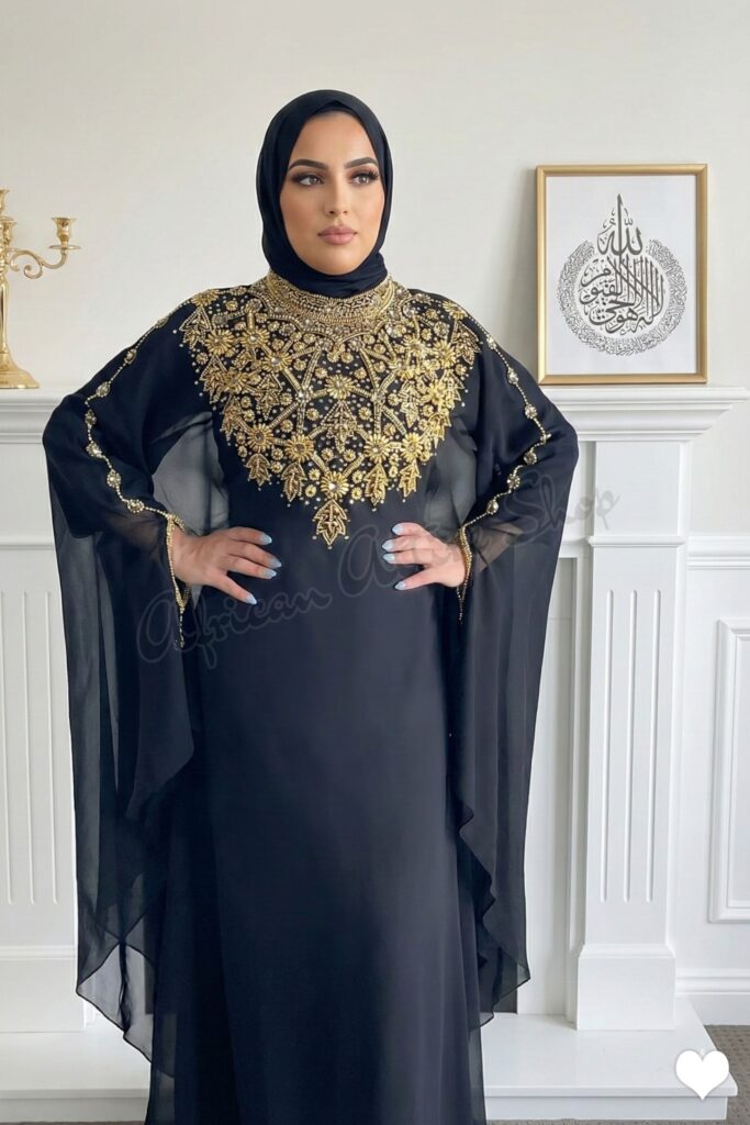 Buy Black & Gold Embroidered Abaya  Luxury Hand-Beaded Islamic Evening  Dress | Dubai Kaftan for Eid, Wedding & Formal Wear - African Attire Shop