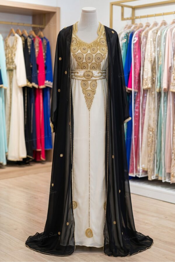 Black and white Moroccan kaftan with gold embroidery (1)