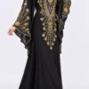 Black floor-length kaftan dress with ornate gold embroidery, beaded V-neckline, floral front panel, and wide cape sleeves (3)