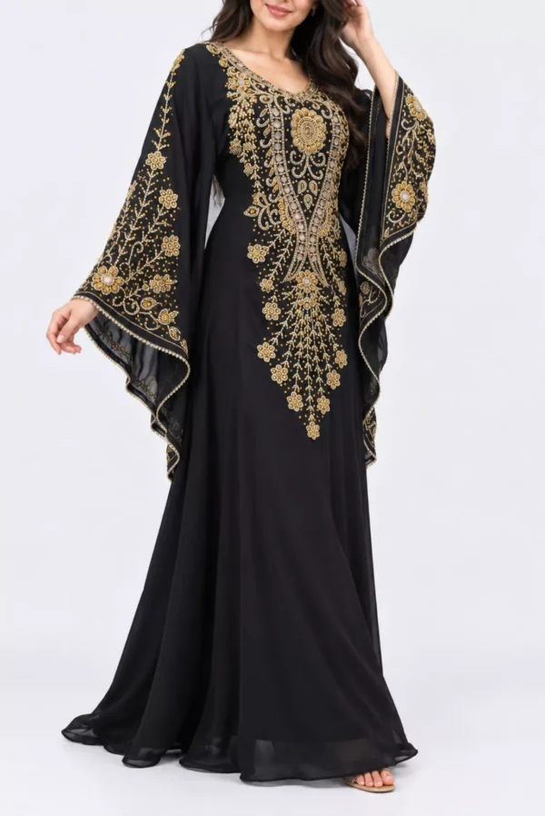 Black floor-length kaftan dress with ornate gold embroidery, beaded V-neckline, floral front panel, and wide cape sleeves (3)