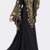 Black floor-length kaftan dress with ornate gold embroidery, beaded V-neckline, floral front panel, and wide cape sleeves (4)