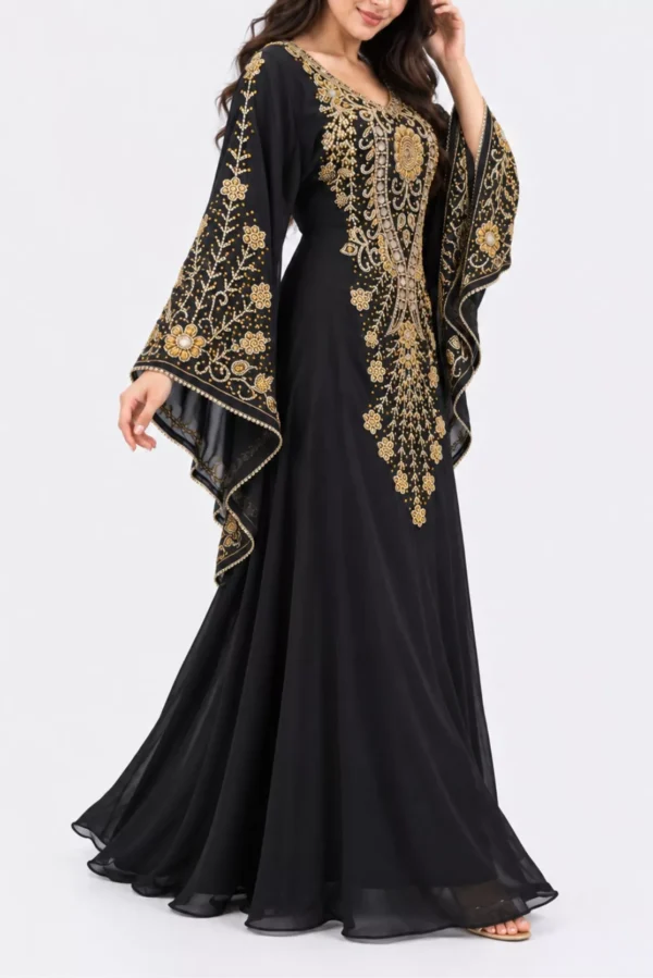 Black floor-length kaftan dress with ornate gold embroidery, beaded V-neckline, floral front panel, and wide cape sleeves (4)