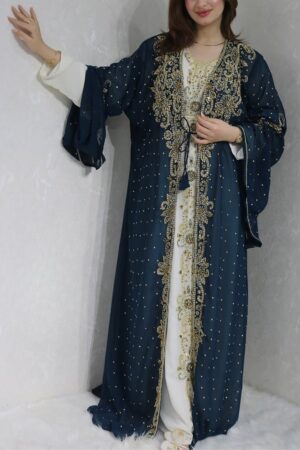 Navy blue Moroccan kaftan with white inner dress (1)