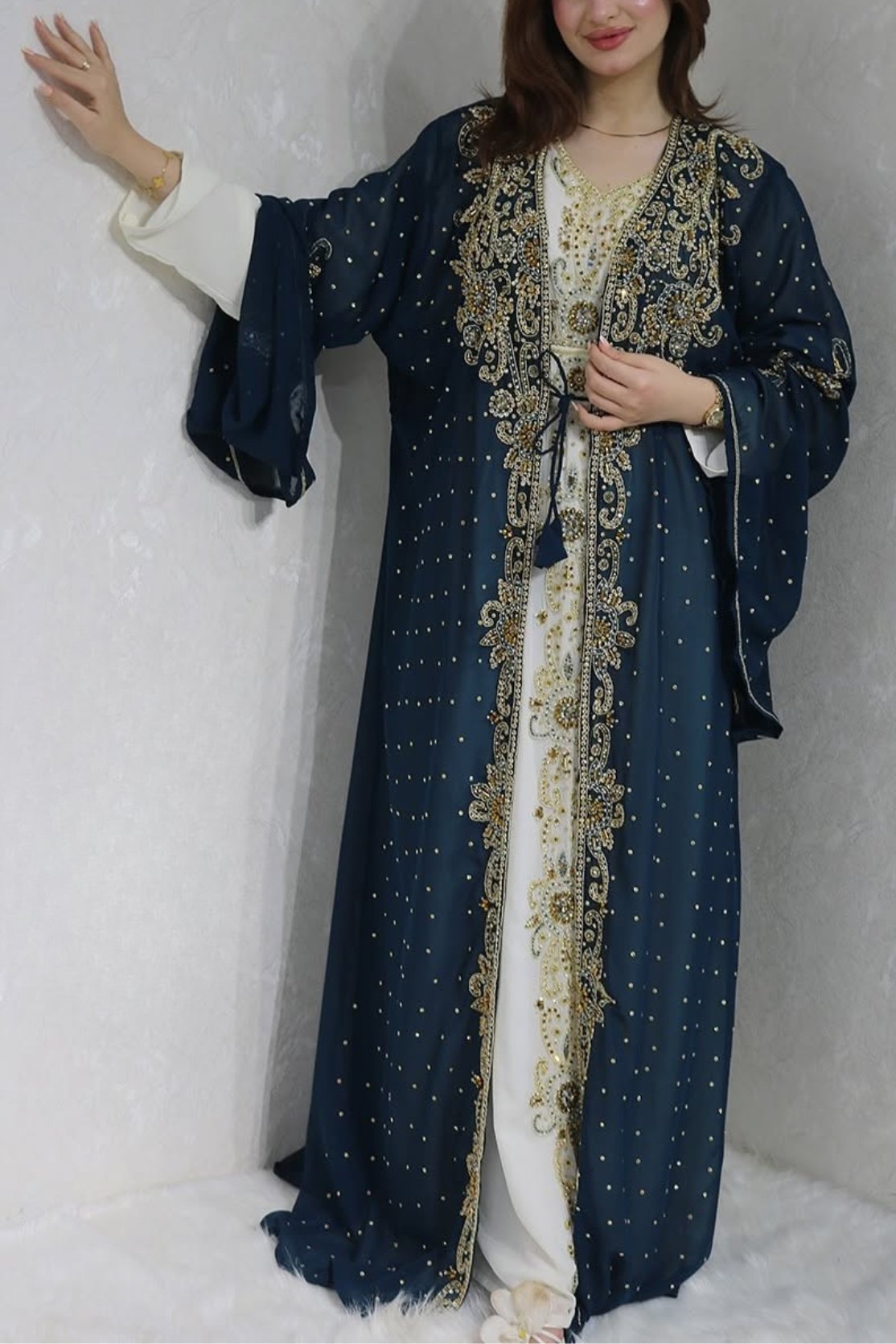 Navy blue Moroccan kaftan with white inner dress (1)
