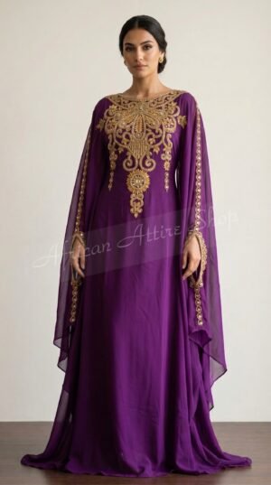 Royal purple Moroccan kaftan with heavy gold embroidery