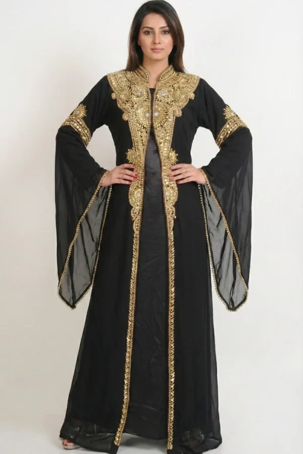 Black and gold embroidered kaftan dress for women (3)