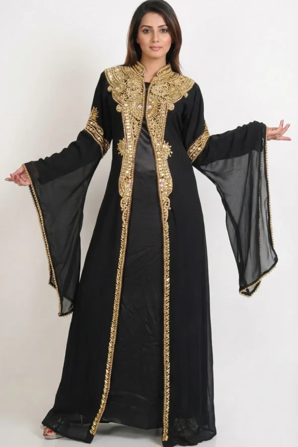 Black and gold embroidered kaftan dress for women