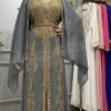 Grey Moroccan kaftan with gold embroidery full length