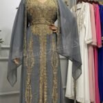 Grey Moroccan kaftan with gold embroidery full length