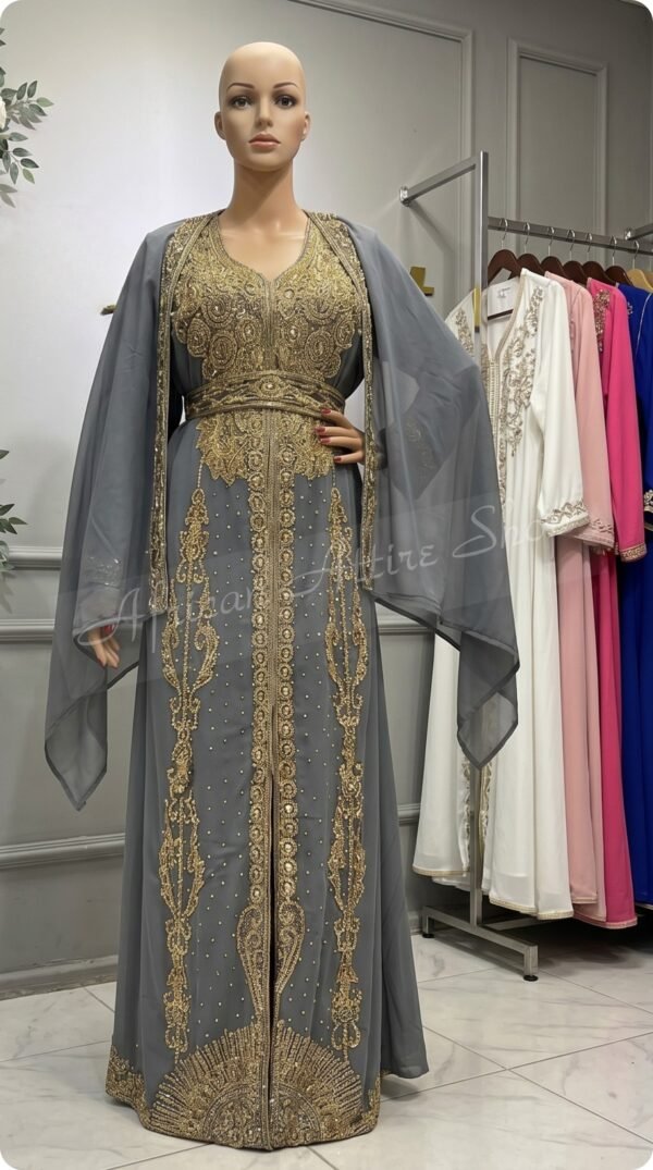 Grey Moroccan kaftan with gold embroidery full length