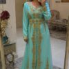 Turquoise and gold embroidered Moroccan kaftan dress with long sleeves, V-neckline, decorative belt and intricate floral gold detailing (1)