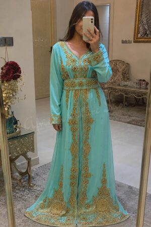 Turquoise and gold embroidered Moroccan kaftan dress with long sleeves, V-neckline, decorative belt and intricate floral gold detailing (1)
