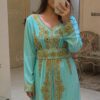 Turquoise and gold embroidered Moroccan kaftan dress with long sleeves, V-neckline, decorative belt and intricate floral gold detailing (2)