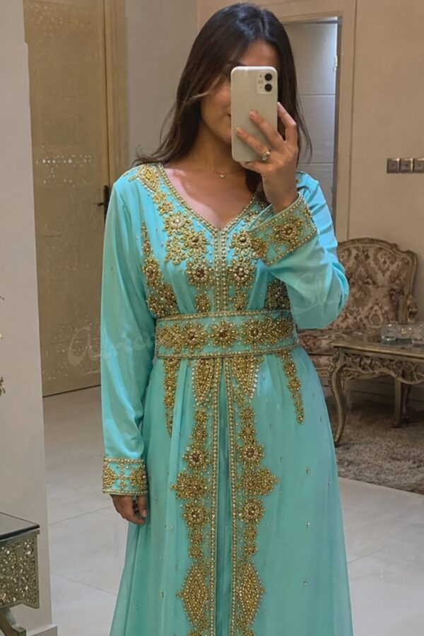 Turquoise and gold embroidered Moroccan kaftan dress with long sleeves, V-neckline, decorative belt and intricate floral gold detailing (2)