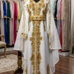 White Moroccan bridal kaftan with gold floral embroidery (1)