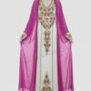 magenta and white Dubai kaftan dress, Arabic embroidered gown for women, gold hand embroidery abaya dress, luxury wedding kaftan (4)