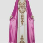 magenta and white Dubai kaftan dress, Arabic embroidered gown for women, gold hand embroidery abaya dress, luxury wedding kaftan (4)