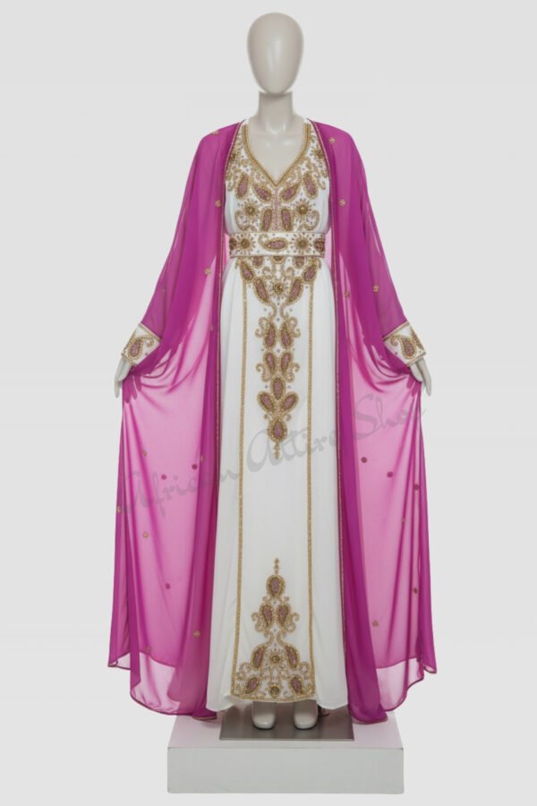 magenta and white Dubai kaftan dress, Arabic embroidered gown for women, gold hand embroidery abaya dress, luxury wedding kaftan (4)