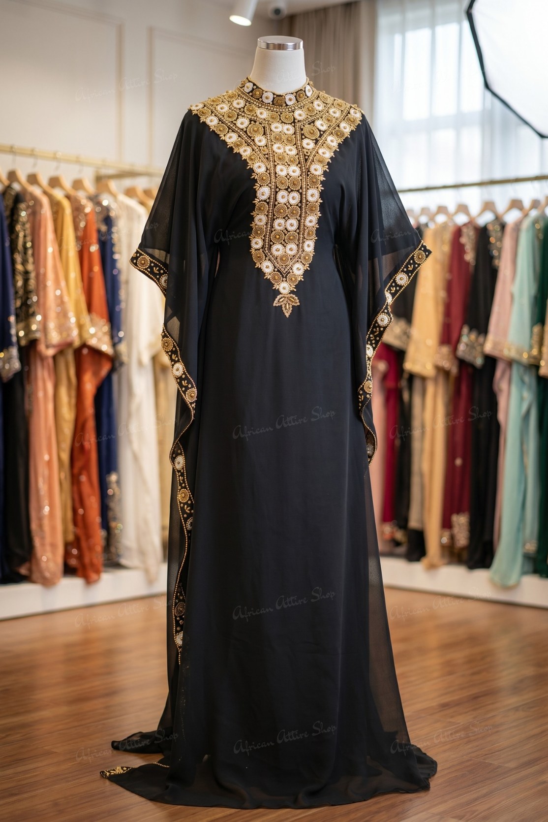 Buy SALE Luxury Black Moroccan Kaftan Dress With Gold Embroidery 