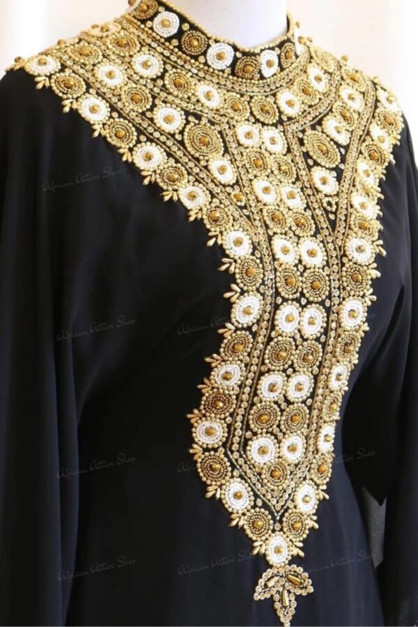 Black Moroccan kaftan with gold embroidery full length (2)