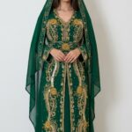 Brown Moroccan kaftan with gold Aari embroidery and matching hijab (1)