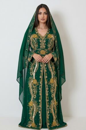 Brown Moroccan kaftan with gold Aari embroidery and matching hijab (1)