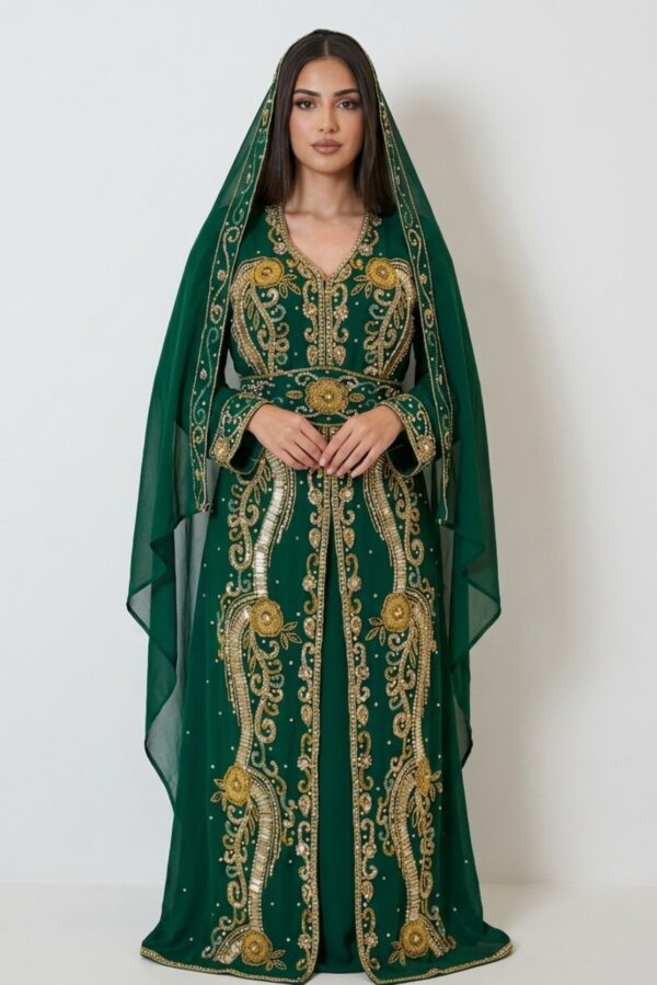 Brown Moroccan kaftan with gold Aari embroidery and matching hijab (1)