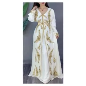 Hand Embroidery White Moroccan Kaftan