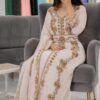 Ivory White Moroccan Kaftan Dress with Gold Embroidery Luxury Handmade Bridal Kaftan Designer Caftan with Matching Hijab for Wedding Nikkah Henna Party Eid and Reception (1)