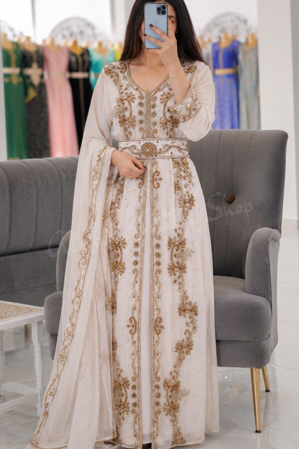 White Takshita Moroccan Kaftan Dress with Golden Embroidery & Matching Hijab – Luxury Handmade Wedding, Nikkah & Henna Party Caftan