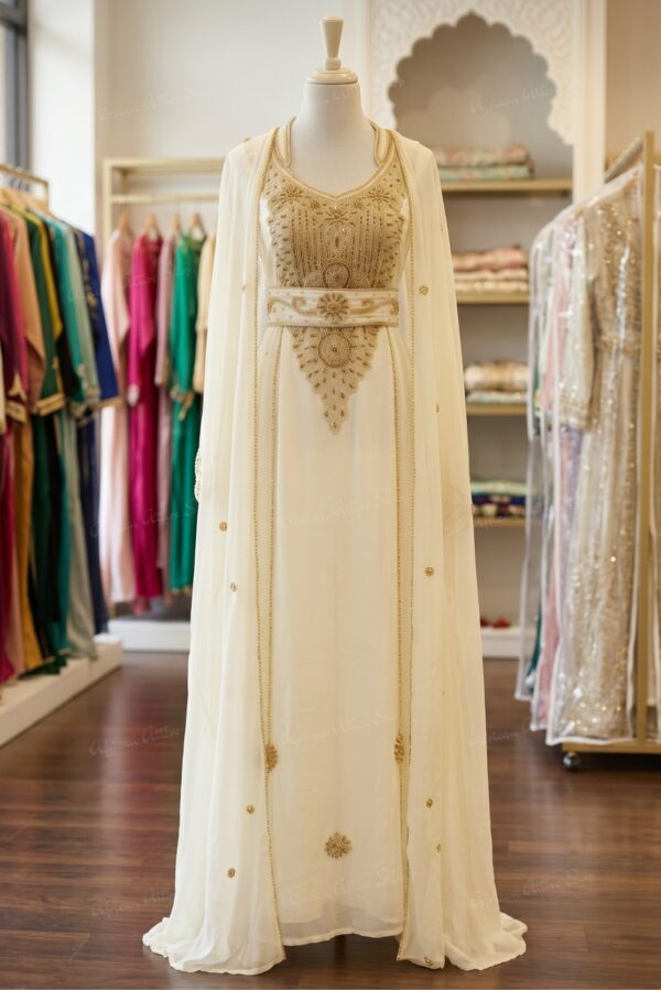 White Dubai Kaftan Dress with Gold Hand Embroidery Moroccan Bridal Kaftan Luxury Arabic Abaya Gown (1)