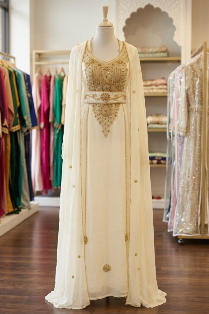 Buy White Dubai Kaftan Dress with Gold Hand Embroidery