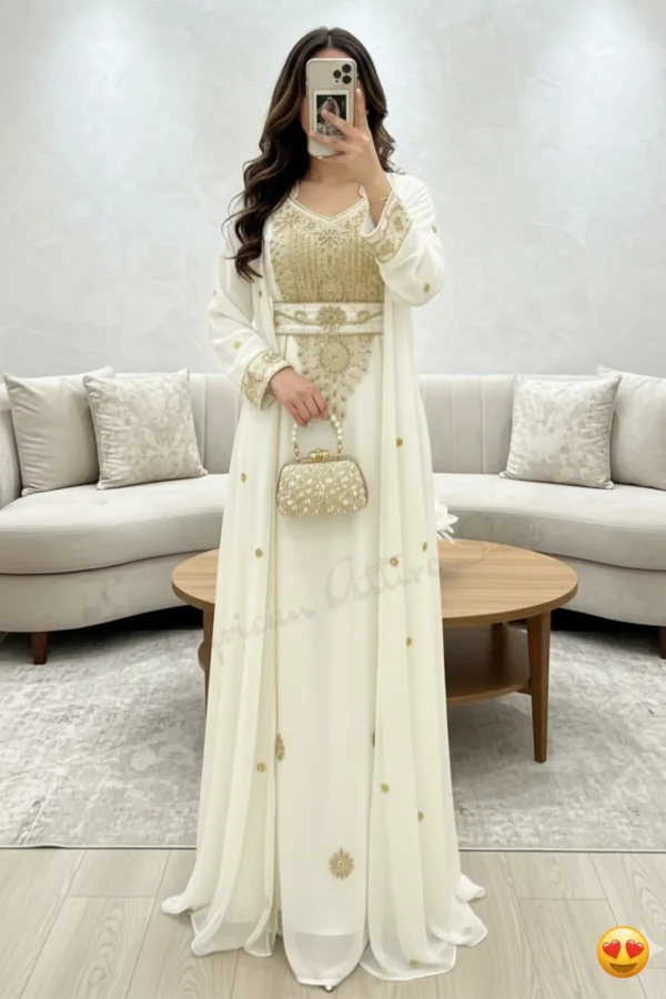 White Dubai Kaftan Dress with Gold Hand Embroidery Moroccan Bridal Kaftan Luxury Arabic Abaya Gown African Attire Shop (1)