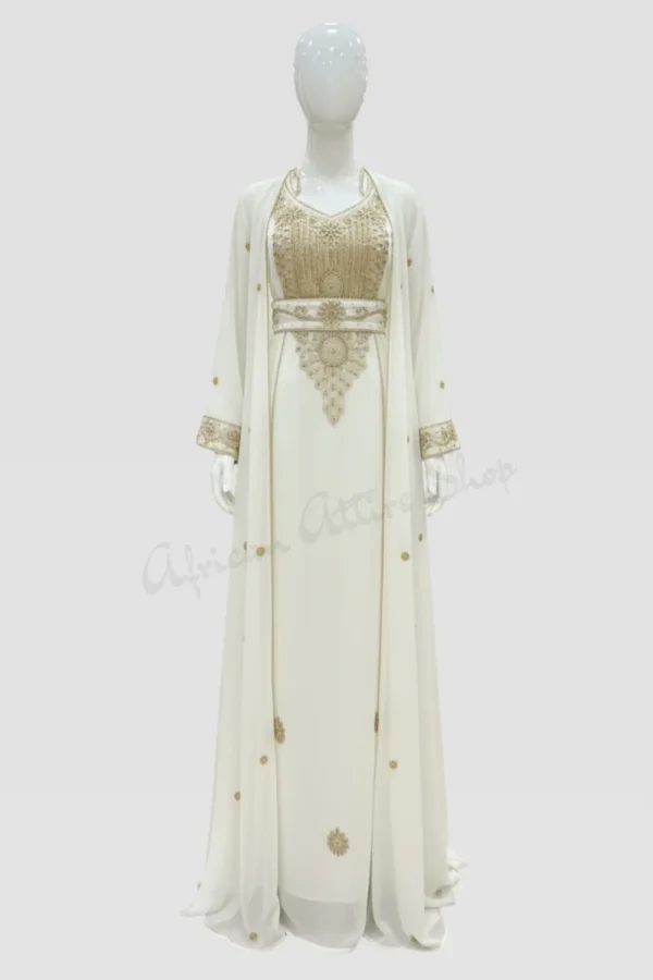 White Dubai Kaftan Dress with Gold Hand Embroidery Moroccan Bridal Kaftan Luxury Arabic Abaya Gown African Attire Shop (2)